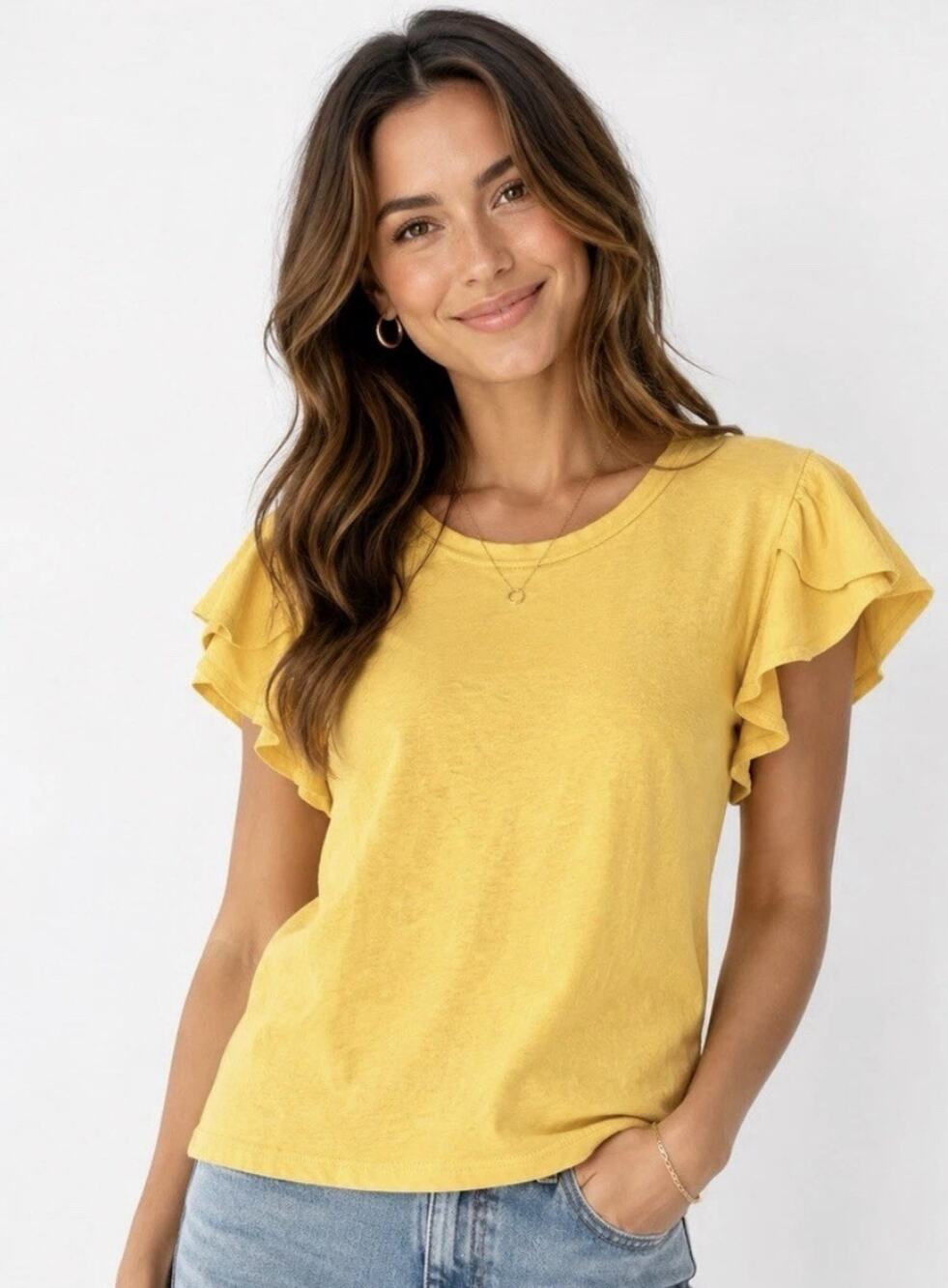 Altar’d State - Women’s Yellow Ruffle Sleeve T-Shirt - Size Large